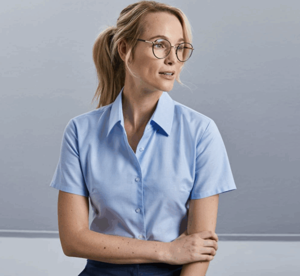 LADIES' SHORT SLEEVE TAILORED OXFORD SHIRT (IMBRETEX) By Russell Collection – Image 2