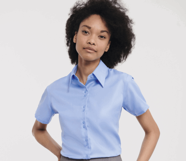 LADIES' SHORT SLEEVE TAILORED ULTIMATE NON-IRON SHIRT (IMBRETEX) By Russel Collection